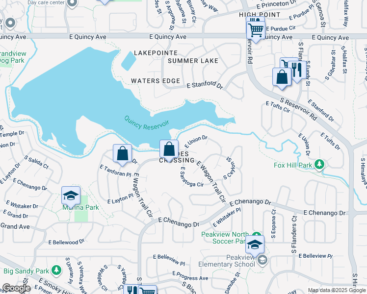 map of restaurants, bars, coffee shops, grocery stores, and more near 18791 East Union Place in Aurora