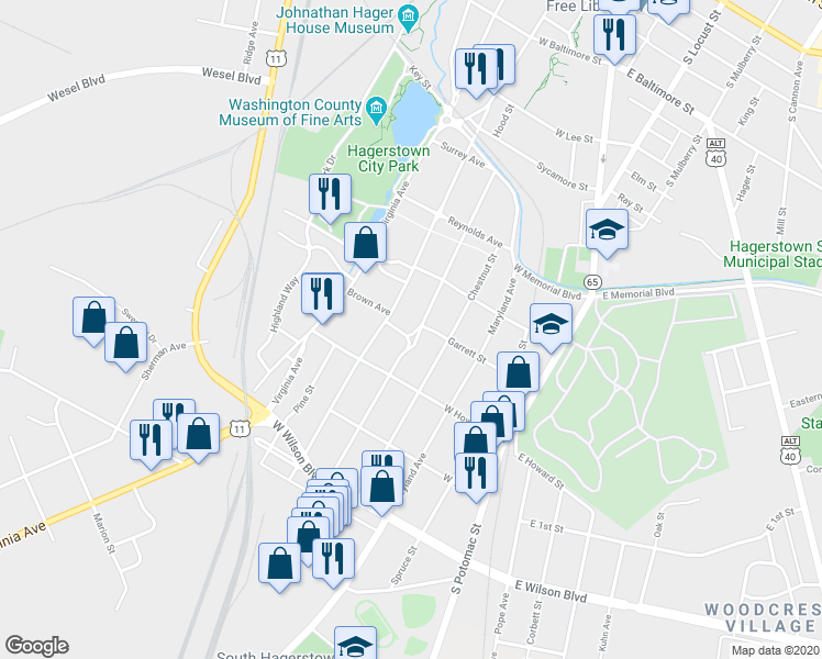 map of restaurants, bars, coffee shops, grocery stores, and more near 649 Guilford Avenue in Hagerstown