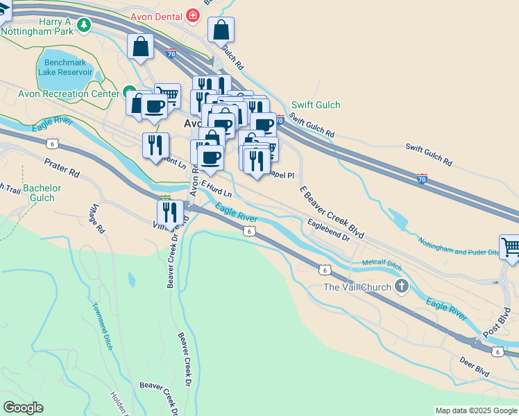 map of restaurants, bars, coffee shops, grocery stores, and more near 205 East Hurd Lane in Avon