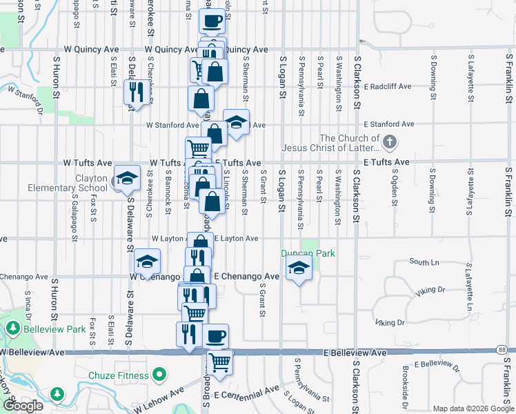 map of restaurants, bars, coffee shops, grocery stores, and more near 4696 South Sherman Street in Englewood