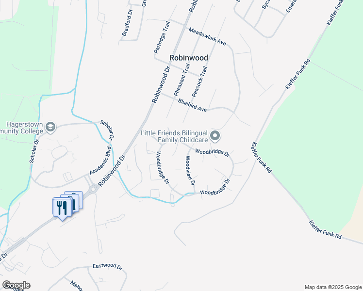 map of restaurants, bars, coffee shops, grocery stores, and more near 11400 Rolling Green Place in Hagerstown