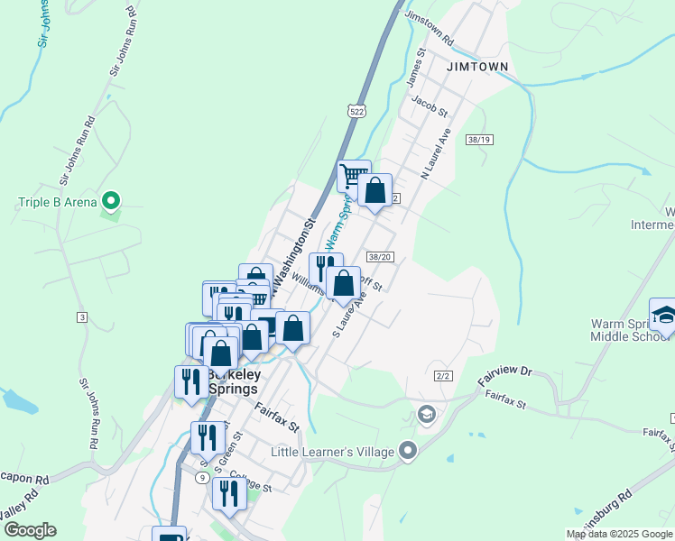 map of restaurants, bars, coffee shops, grocery stores, and more near 247 Harrison Avenue in Berkeley Springs
