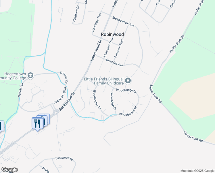 map of restaurants, bars, coffee shops, grocery stores, and more near 11400 Rolling Green Place in Hagerstown