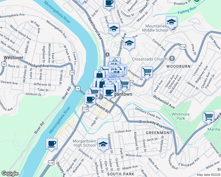 map of restaurants, bars, coffee shops, grocery stores, and more near 160 Fayette Street in Morgantown