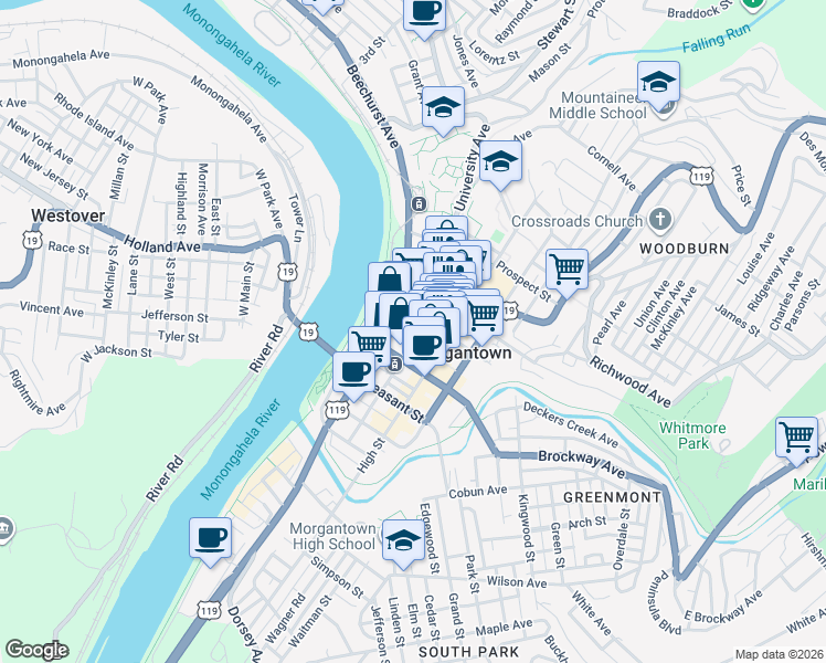 map of restaurants, bars, coffee shops, grocery stores, and more near 145 Fayette Street in Morgantown