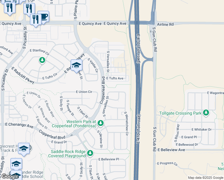 map of restaurants, bars, coffee shops, grocery stores, and more near 22869 East Union Avenue in Aurora