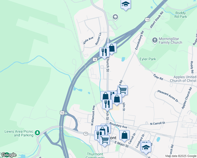 map of restaurants, bars, coffee shops, grocery stores, and more near 1 Sandy Spring Court in Thurmont
