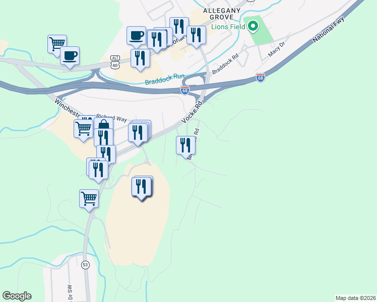 map of restaurants, bars, coffee shops, grocery stores, and more near 12 Clubhouse Road in La Vale