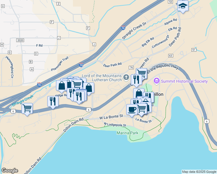 map of restaurants, bars, coffee shops, grocery stores, and more near 99 Lookout Ridge Drive in Dillon
