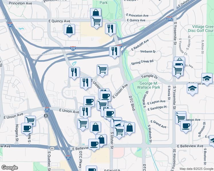 map of restaurants, bars, coffee shops, grocery stores, and more near Unnamed Road in Denver