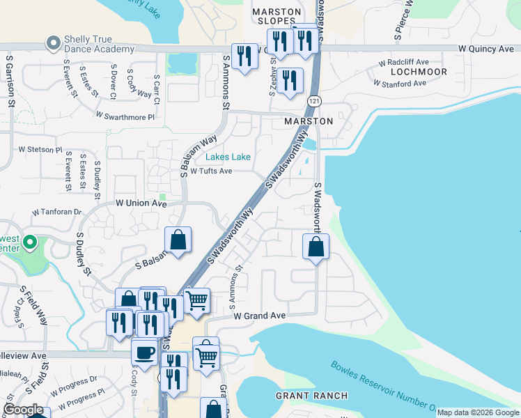 map of restaurants, bars, coffee shops, grocery stores, and more near 4550 South Wadsworth Boulevard in Denver