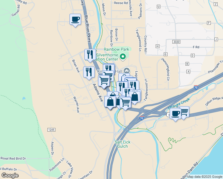 map of restaurants, bars, coffee shops, grocery stores, and more near 354 Blue River Parkway in Silverthorne
