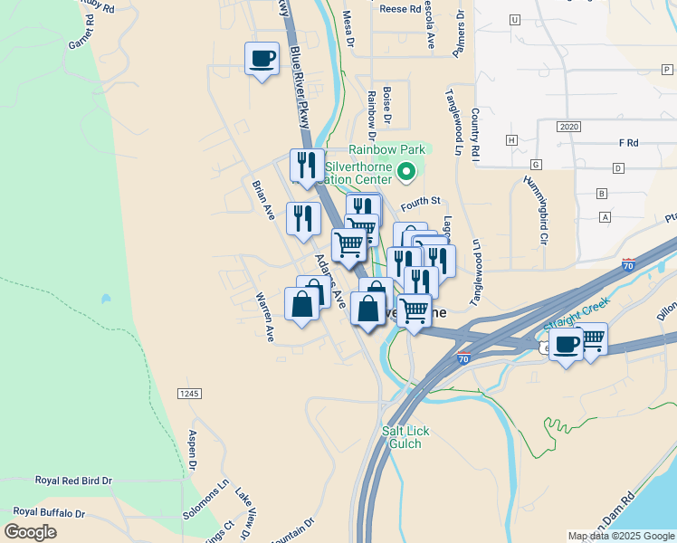 map of restaurants, bars, coffee shops, grocery stores, and more near 347 Colorado 9 in Silverthorne