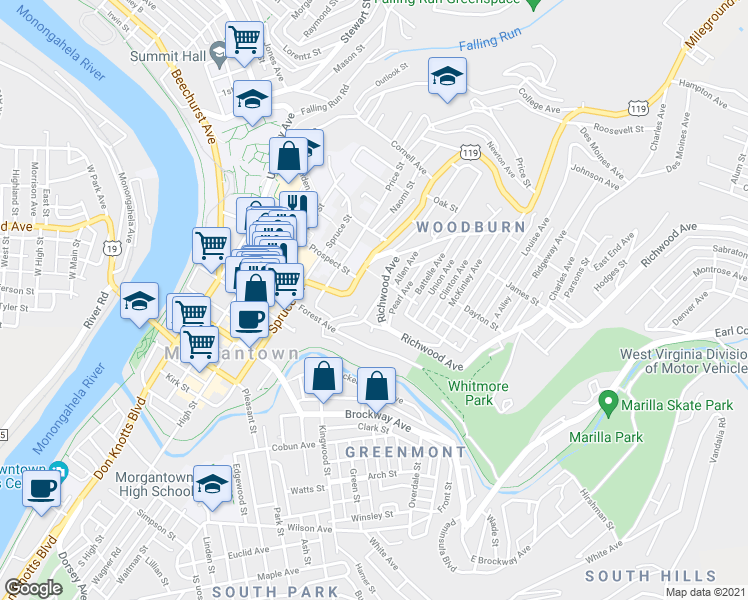 map of restaurants, bars, coffee shops, grocery stores, and more near 549 Locust Avenue in Morgantown