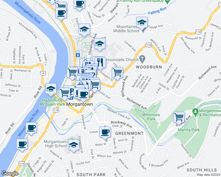 map of restaurants, bars, coffee shops, grocery stores, and more near 407 Willey Street in Morgantown