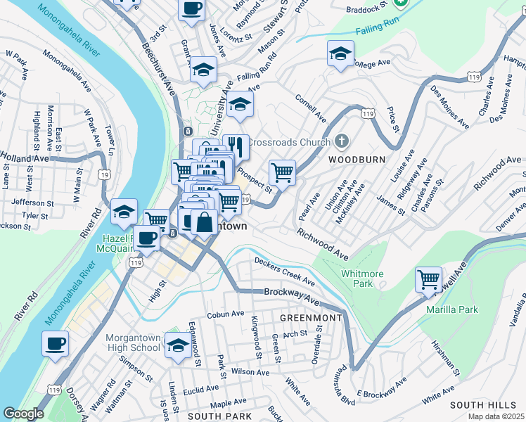 map of restaurants, bars, coffee shops, grocery stores, and more near 407 Willey Street in Morgantown