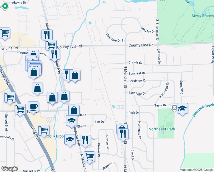 map of restaurants, bars, coffee shops, grocery stores, and more near 1084 Greenwood Trail West Drive in Greenwood