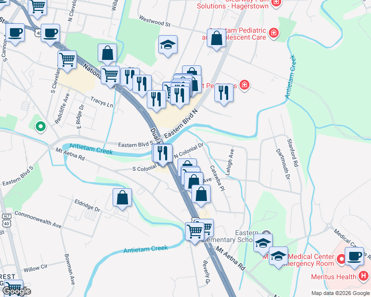 map of restaurants, bars, coffee shops, grocery stores, and more near 17 North Colonial Drive in Hagerstown