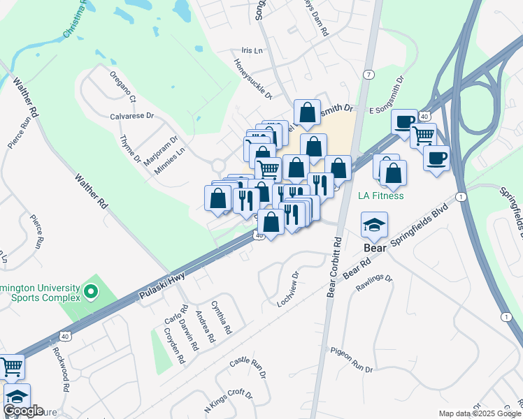 map of restaurants, bars, coffee shops, grocery stores, and more near 1100 Quintilio Drive in Bear