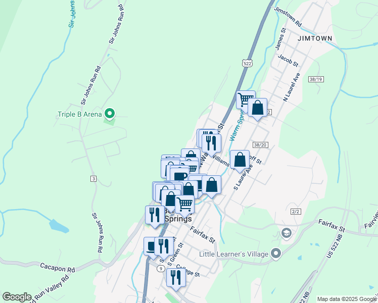 map of restaurants, bars, coffee shops, grocery stores, and more near 419 Wilkes Street in Berkeley Springs