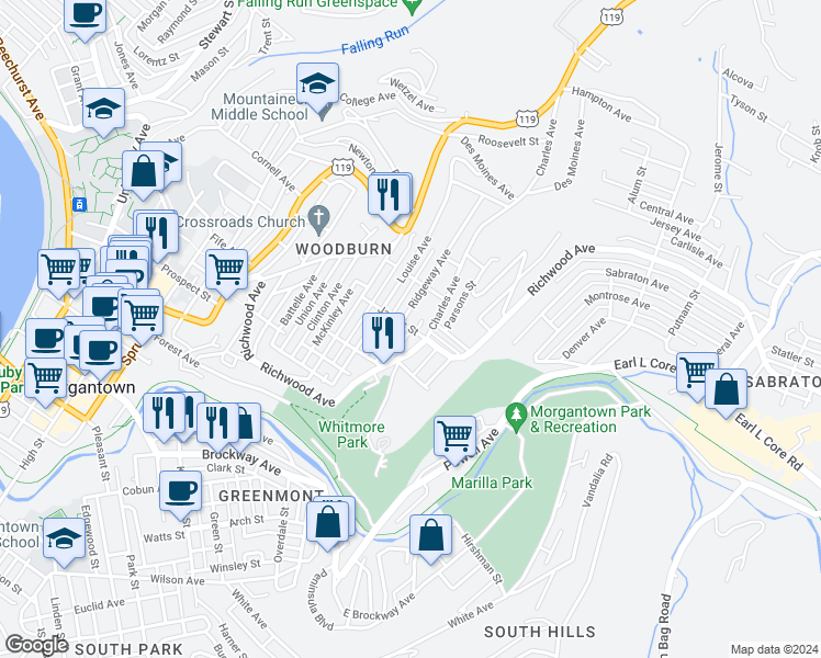 map of restaurants, bars, coffee shops, grocery stores, and more near 861 James Street in Morgantown