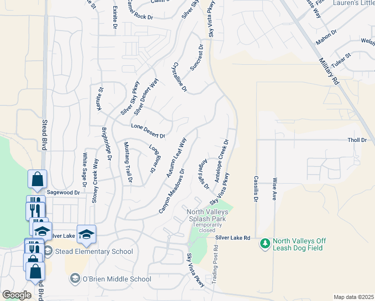 map of restaurants, bars, coffee shops, grocery stores, and more near 9675 Canyon Meadows Drive in Reno