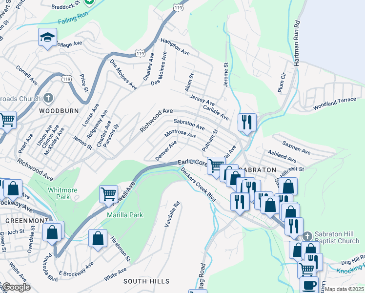 map of restaurants, bars, coffee shops, grocery stores, and more near 1195 Mineral Avenue in Morgantown