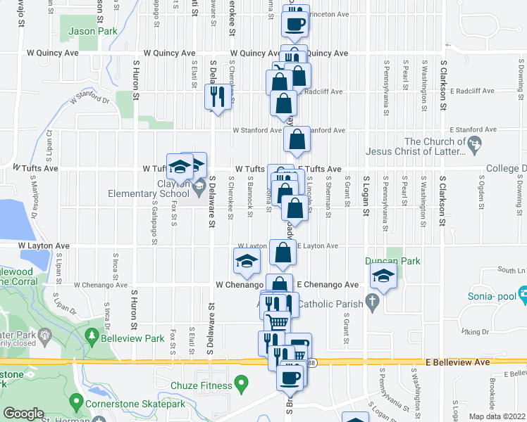 map of restaurants, bars, coffee shops, grocery stores, and more near 4707 South Acoma Street in Englewood