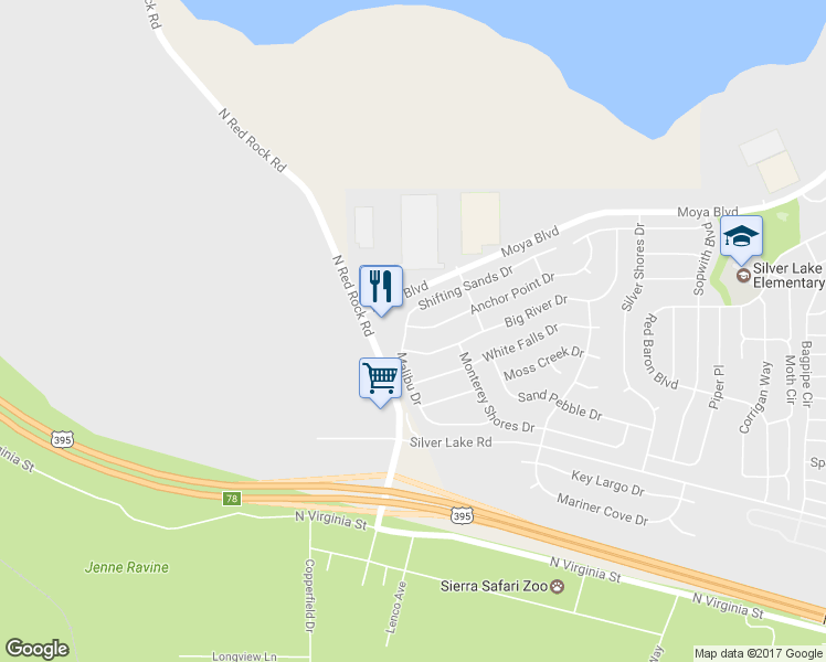 map of restaurants, bars, coffee shops, grocery stores, and more near 8730 Malibu Drive in Reno