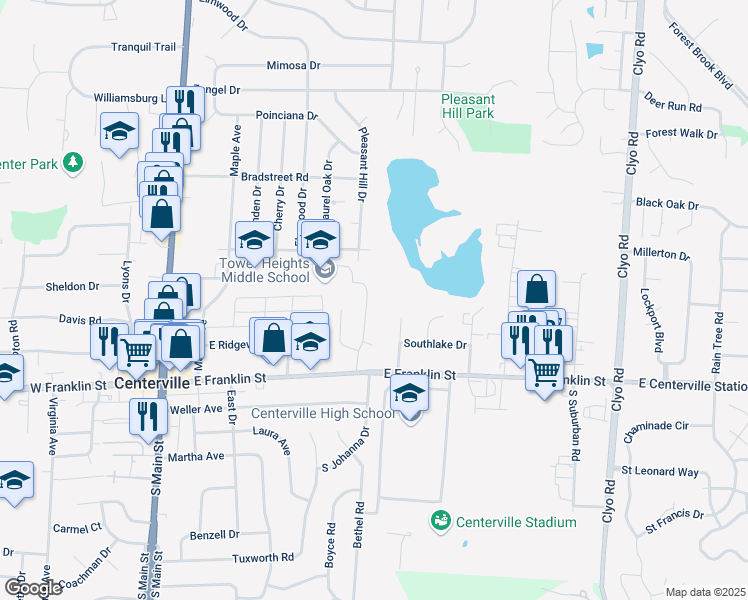 map of restaurants, bars, coffee shops, grocery stores, and more near 180 North Johanna Drive in Centerville