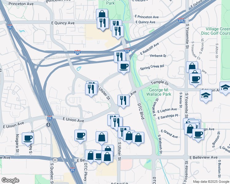 map of restaurants, bars, coffee shops, grocery stores, and more near Unnamed Road in Denver