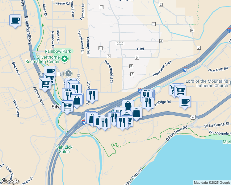 map of restaurants, bars, coffee shops, grocery stores, and more near Ptarmigan Trail in Silverthorne