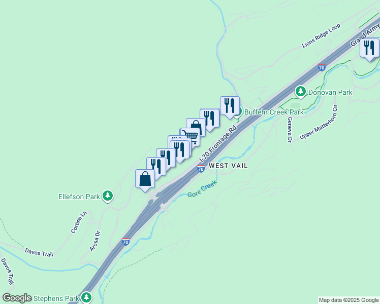 map of restaurants, bars, coffee shops, grocery stores, and more near 2131 North Frontage Road West in Vail