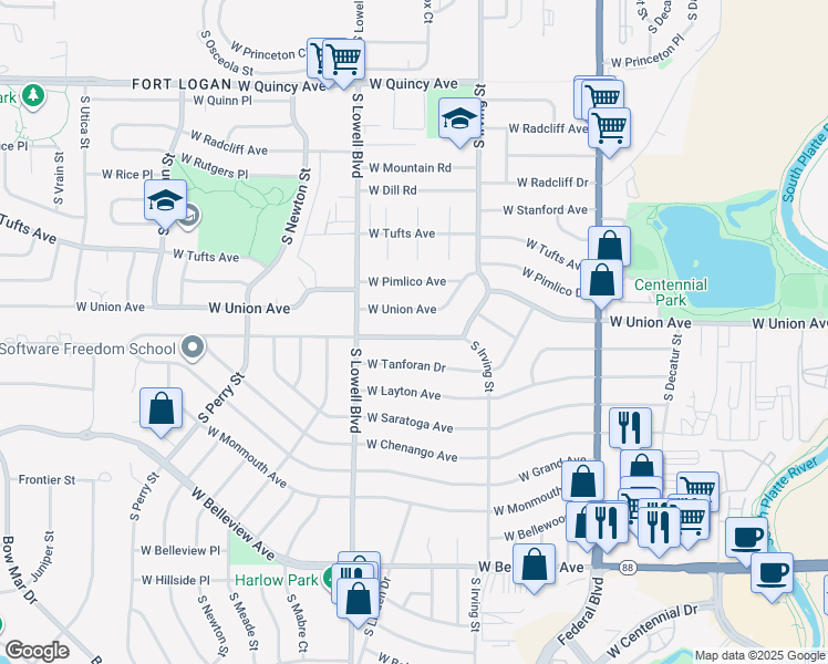 map of restaurants, bars, coffee shops, grocery stores, and more near 3530 West Union Avenue in Englewood
