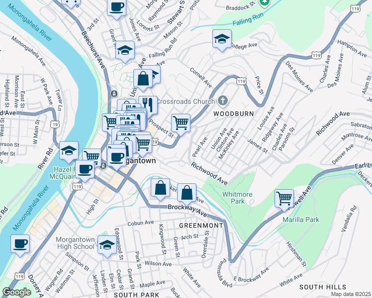 map of restaurants, bars, coffee shops, grocery stores, and more near 549 Locust Avenue in Morgantown