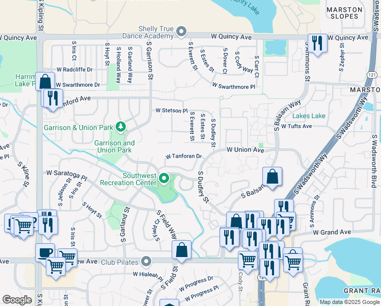 map of restaurants, bars, coffee shops, grocery stores, and more near 8934 West Union Avenue in Littleton