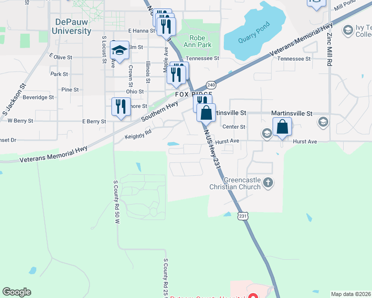 map of restaurants, bars, coffee shops, grocery stores, and more near 7 Lisa Drive in Greencastle
