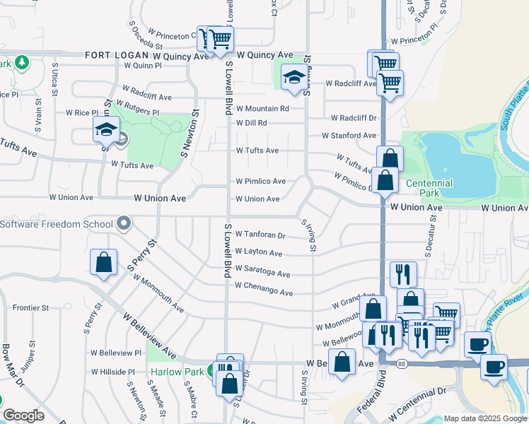 map of restaurants, bars, coffee shops, grocery stores, and more near 3530 West Union Avenue in Englewood
