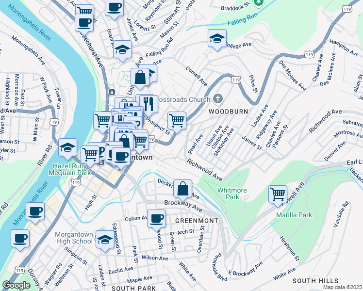 map of restaurants, bars, coffee shops, grocery stores, and more near 549 Locust Avenue in Morgantown
