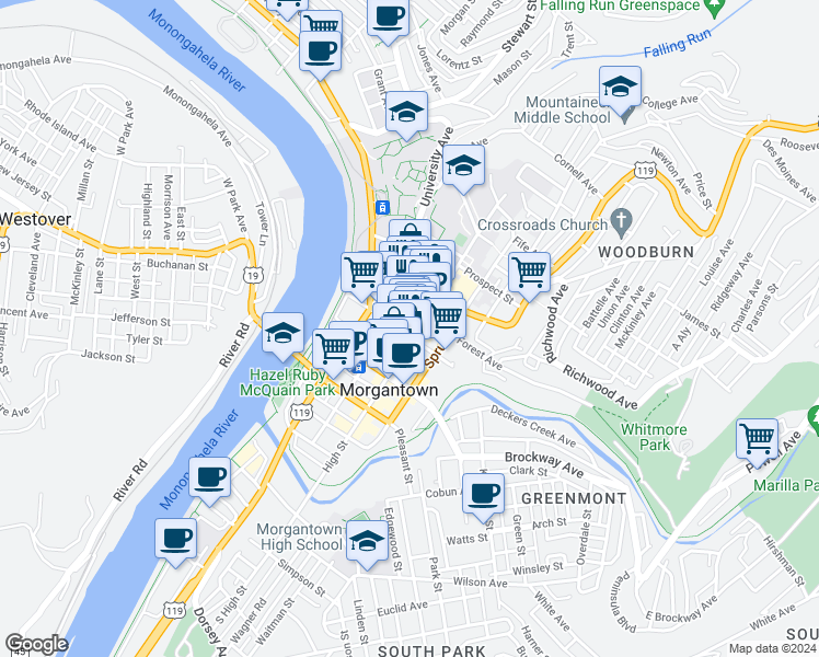 map of restaurants, bars, coffee shops, grocery stores, and more near 442 High Street in Morgantown