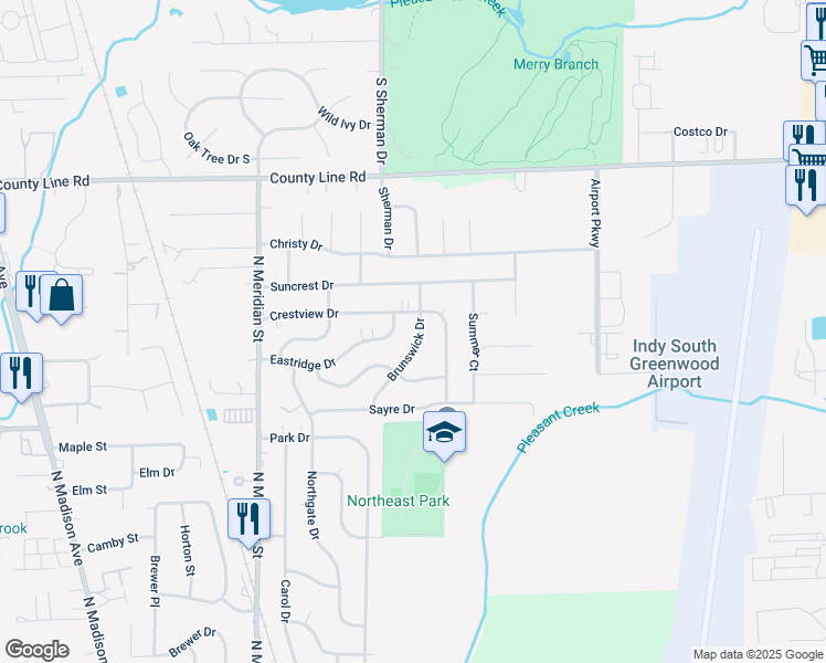 map of restaurants, bars, coffee shops, grocery stores, and more near 129 Brunswick Drive in Greenwood