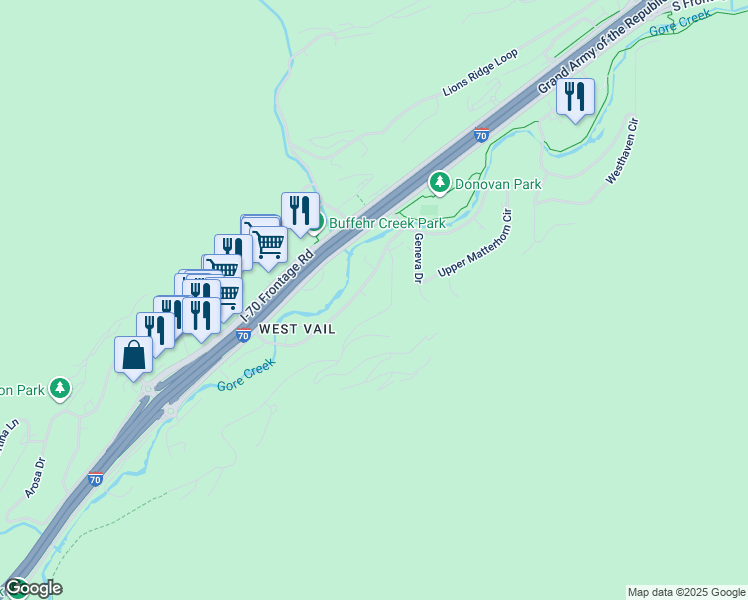 map of restaurants, bars, coffee shops, grocery stores, and more near 1826 Alta Cir in Vail