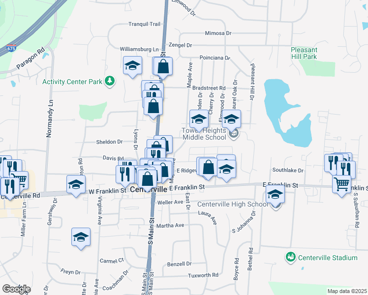 map of restaurants, bars, coffee shops, grocery stores, and more near 101 Maple Avenue in Centerville