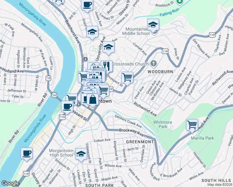 map of restaurants, bars, coffee shops, grocery stores, and more near 316 Willey Street in Morgantown
