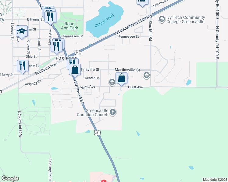 map of restaurants, bars, coffee shops, grocery stores, and more near 51 Woodhaven Drive in Greencastle