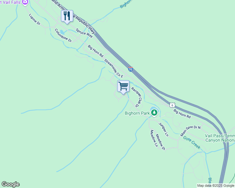map of restaurants, bars, coffee shops, grocery stores, and more near 4552 Meadow Drive in Vail