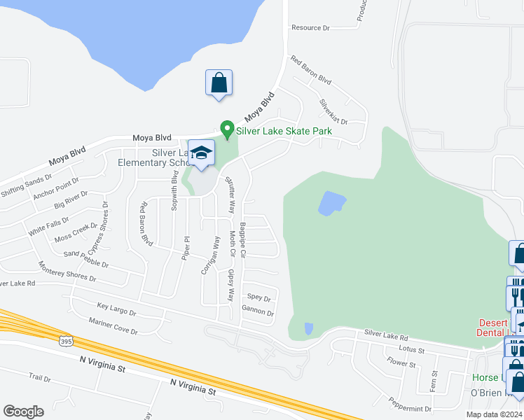 map of restaurants, bars, coffee shops, grocery stores, and more near 7425 Northcreek Drive in Reno
