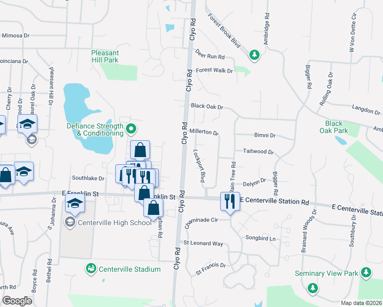 map of restaurants, bars, coffee shops, grocery stores, and more near 7836 Lockport Boulevard in Dayton