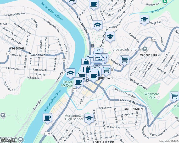map of restaurants, bars, coffee shops, grocery stores, and more near 145 Fayette Street in Morgantown