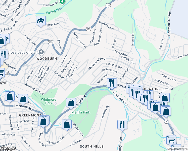 map of restaurants, bars, coffee shops, grocery stores, and more near 104 Independence Street in Morgantown